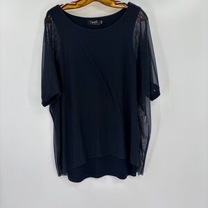 Sympli Mesh Boxy Scoop Neck Tunic Navy Mesh Split Short Sleeve Blouse Sz 6 Med